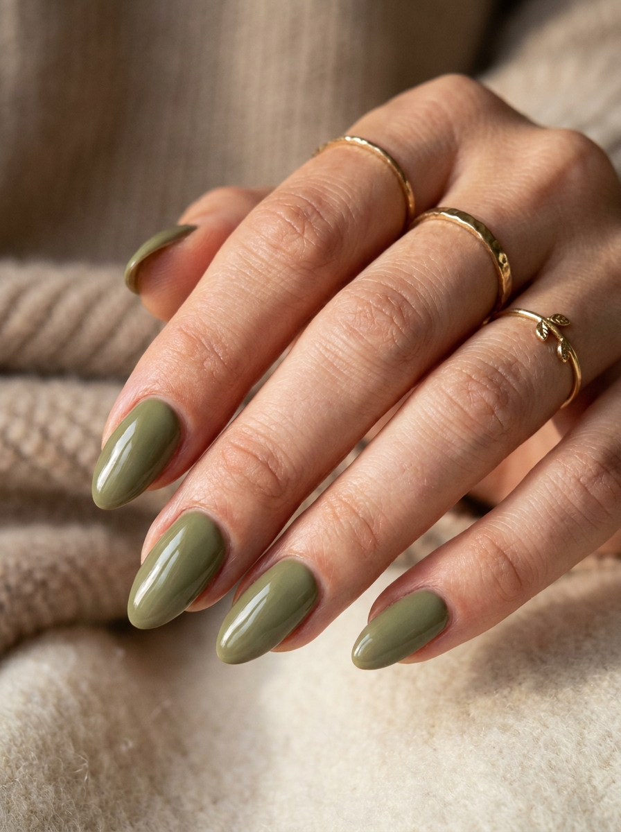 Olive Green Almond Nails als olivgrüne Herbstmaniküre 2026